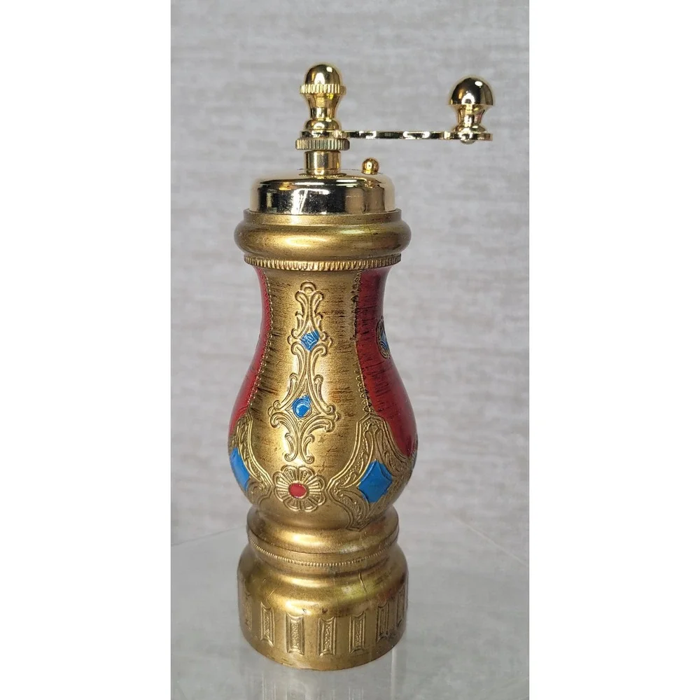 Vintage Italian Florentine Salt Pepper Mill Set Gold Red Blue Wood Grinder Box